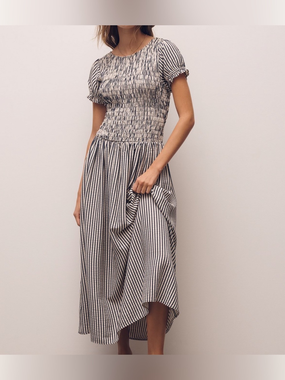 Anthropologie Maeve “Margie” 3x Navy and White Striped Smocked Midi Dress